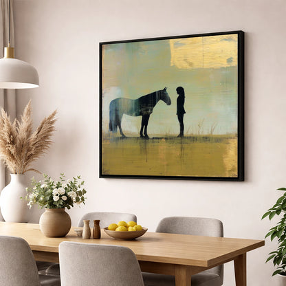 Silent Communion horse & rider wall art displayed in a dining room