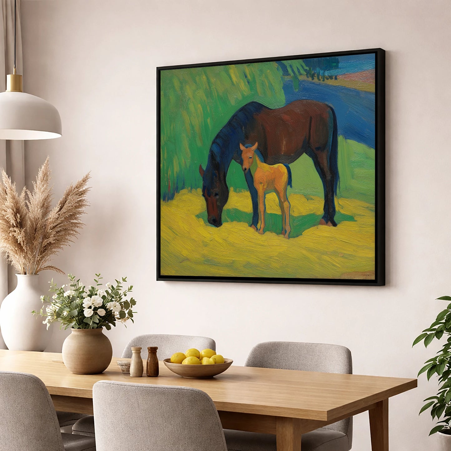 Vivid Grazing Companions mare & foal wall art displayed in a dining room
