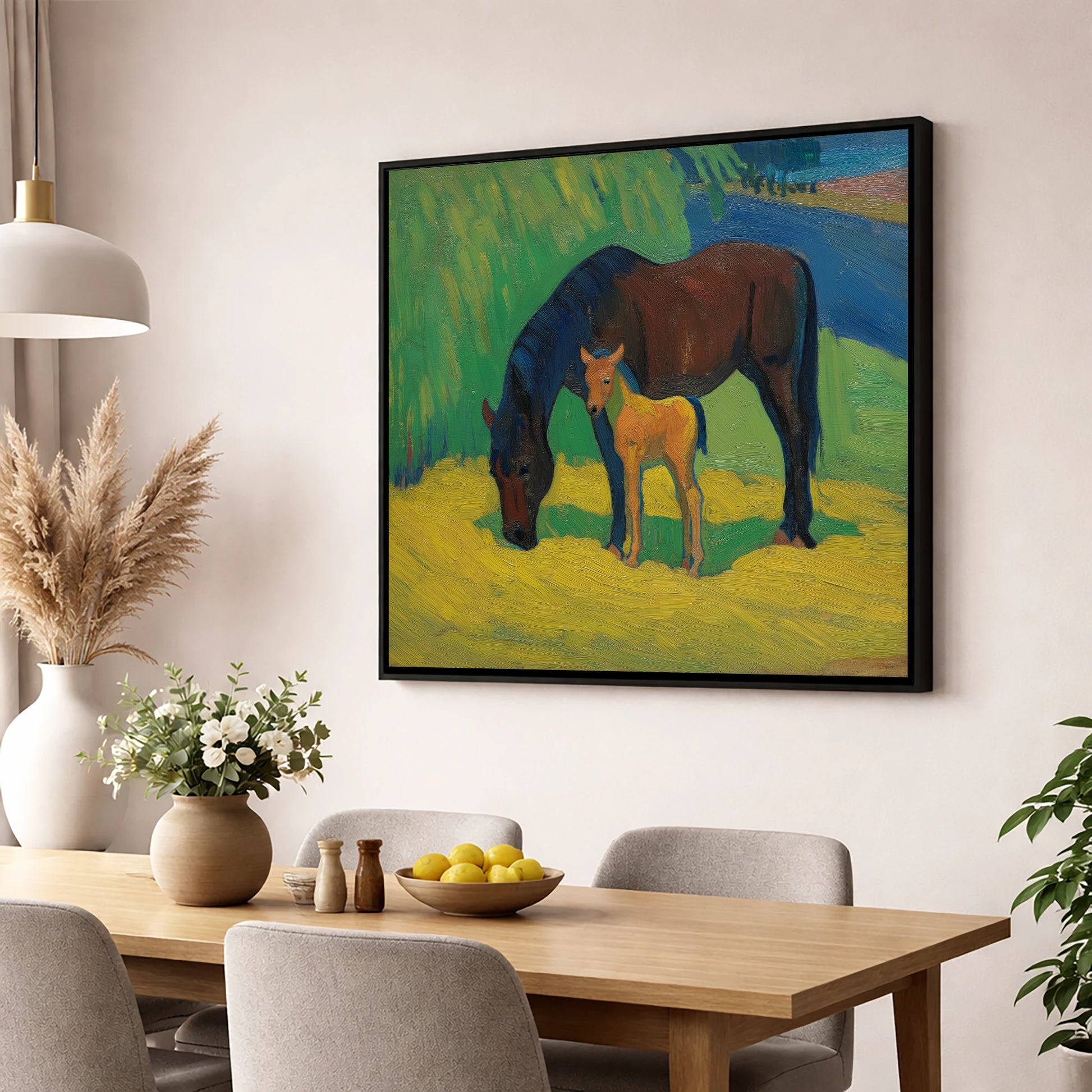 Vivid Grazing Companions mare & foal wall art displayed in a dining room