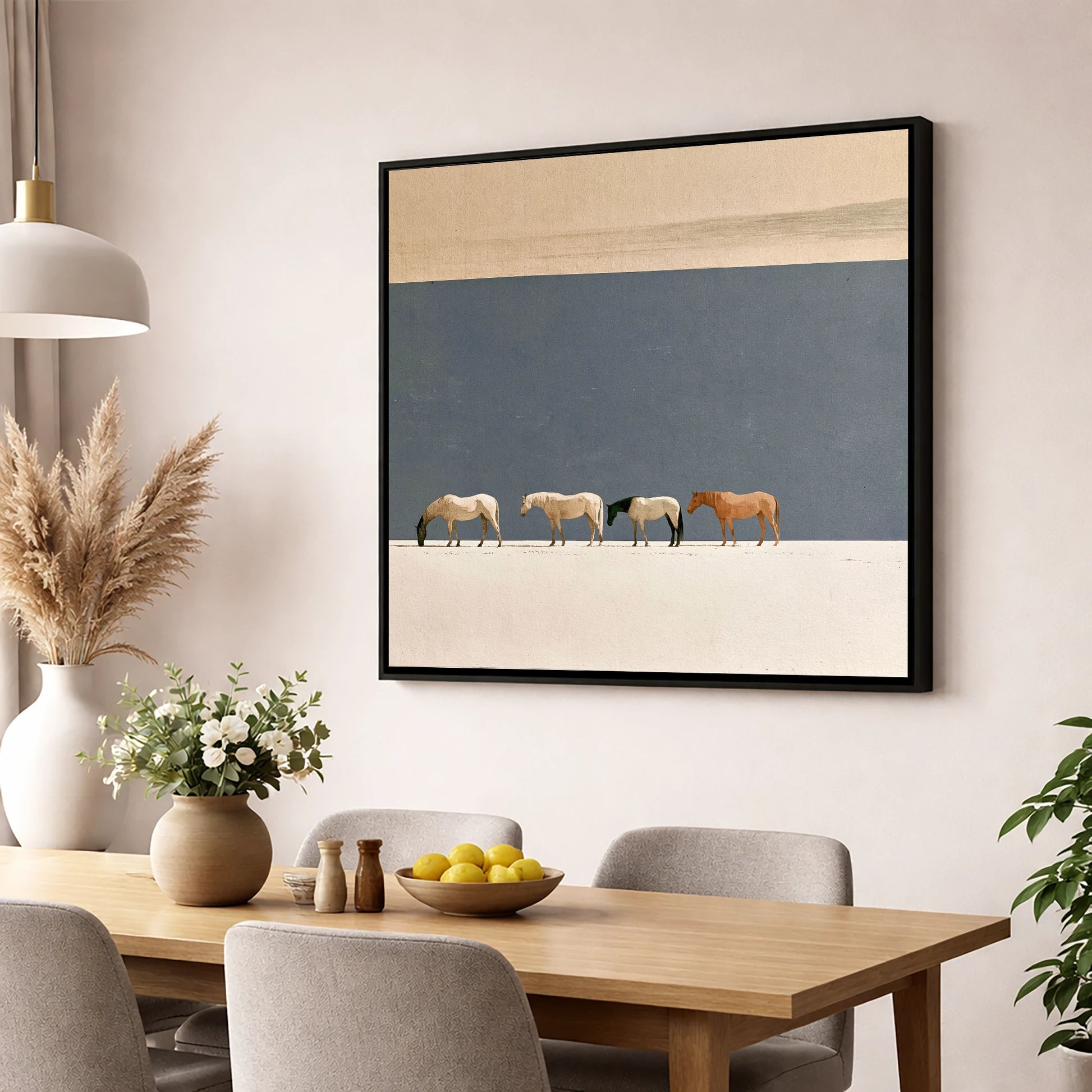Stillness on the Horizon horse landscape wall art displayed in a dining room