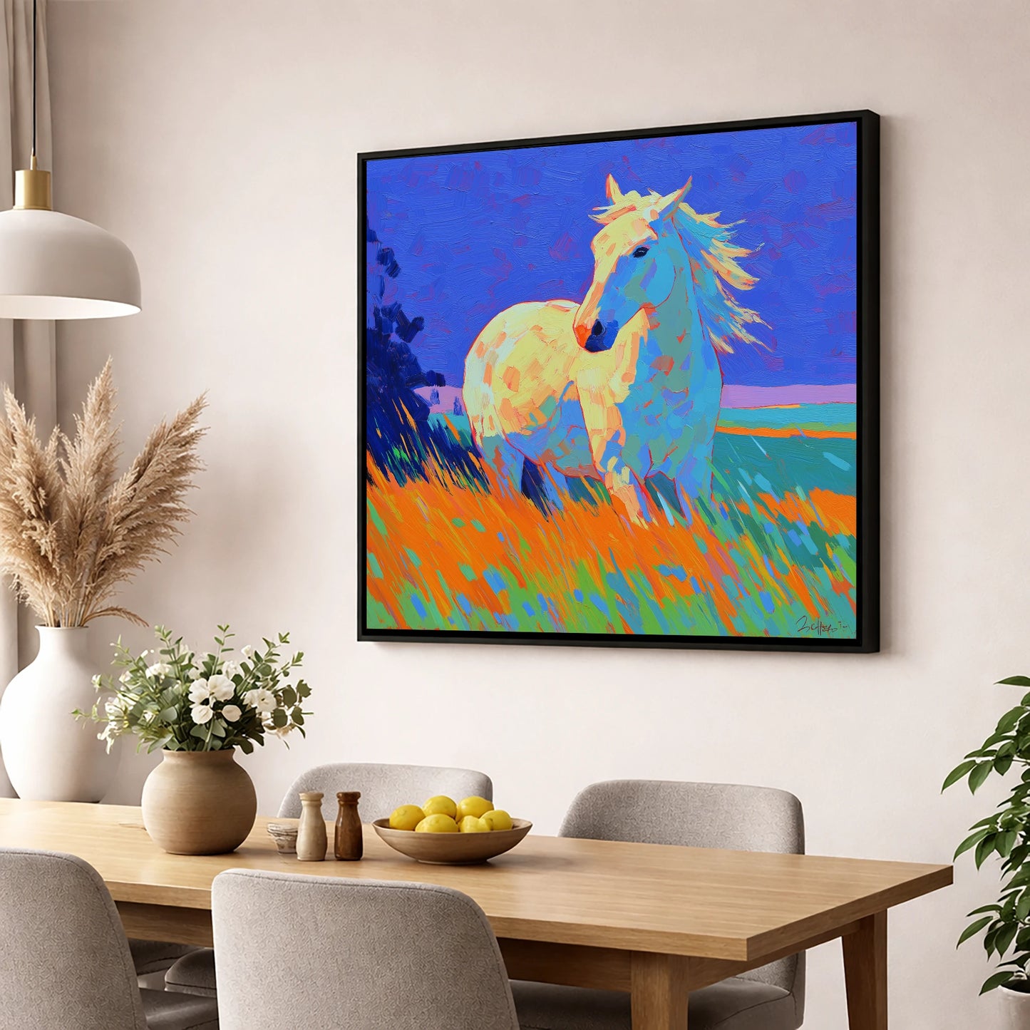 Vibrant Equine Spirit horse portrait wall art displayed in a dining room