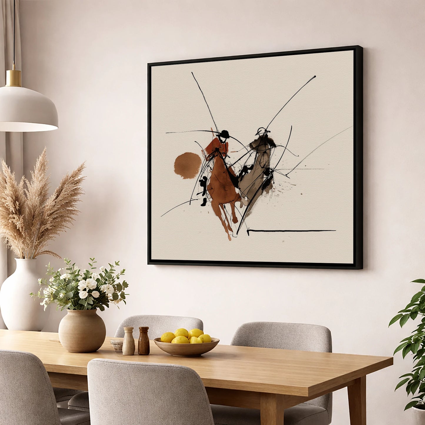 The Ride-Off polo horse wall art displayed in a dining room