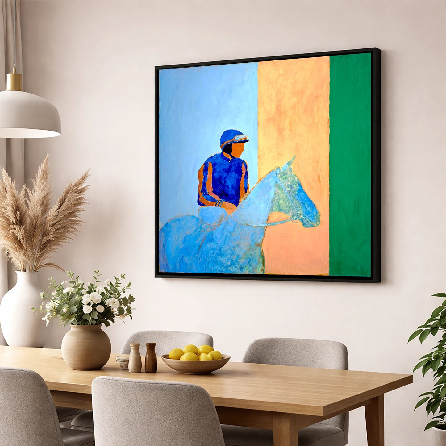 Stillness In The Saddle racing horse wall art displayed in a dining room