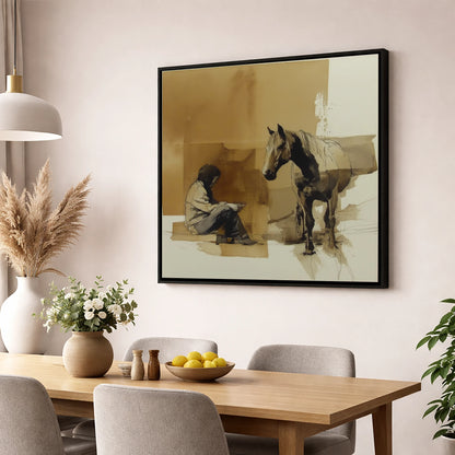 Shared Silence horse & rider wall art displayed in a dining room
