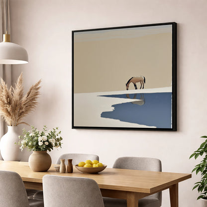 Solitary Reflection horse landscape wall art displayed in a dining room