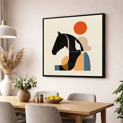 Geometric Equine Harmony horse & rider wall art displayed in a dining room