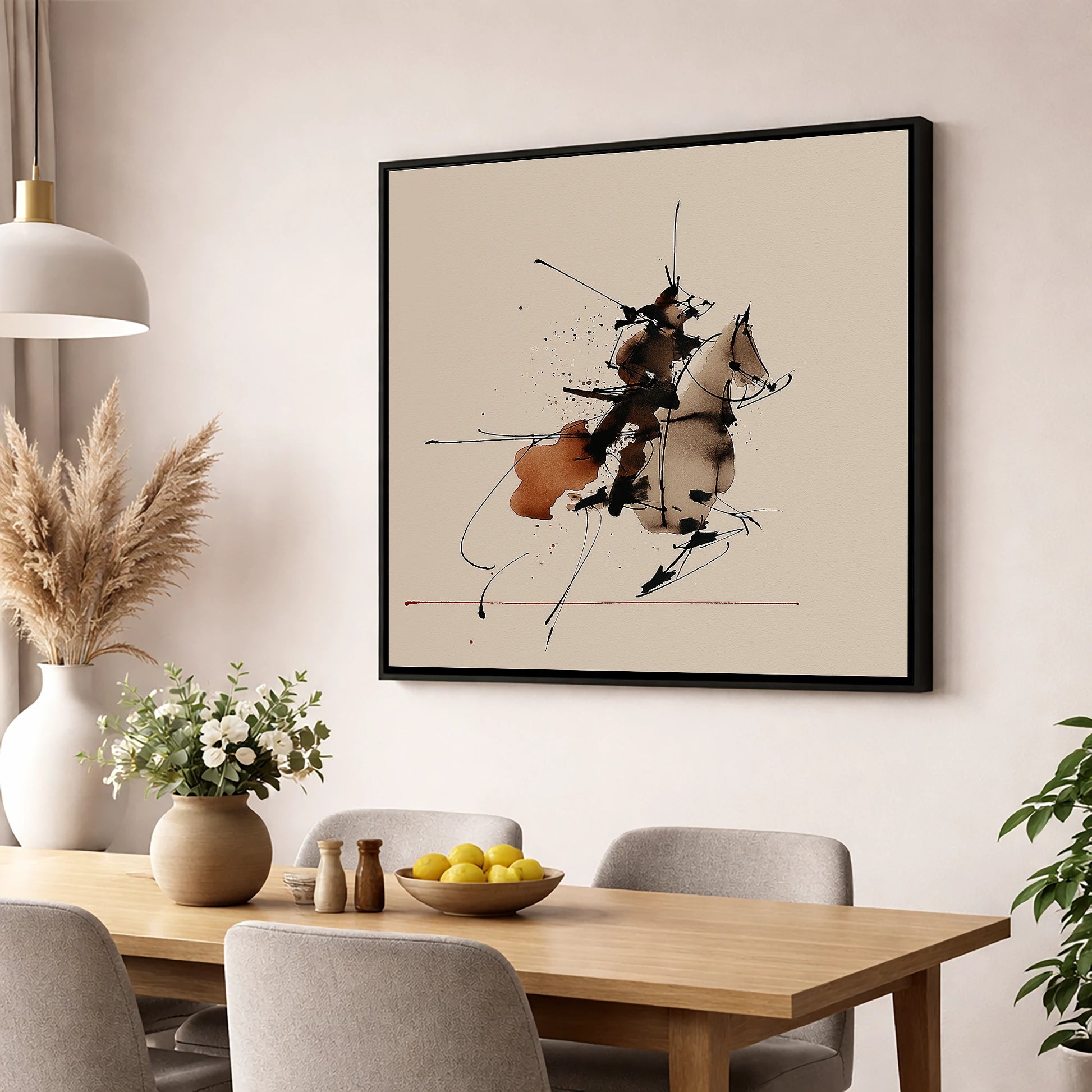 Abstract Momentum in Ink horse & rider wall art displayed in a dining room