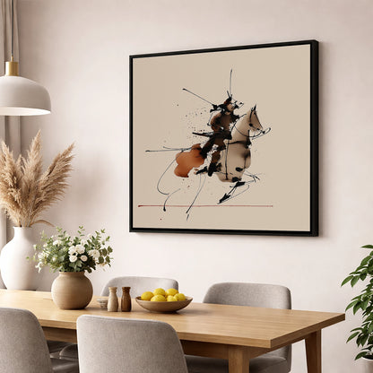 Abstract Momentum in Ink horse & rider wall art displayed in a dining room