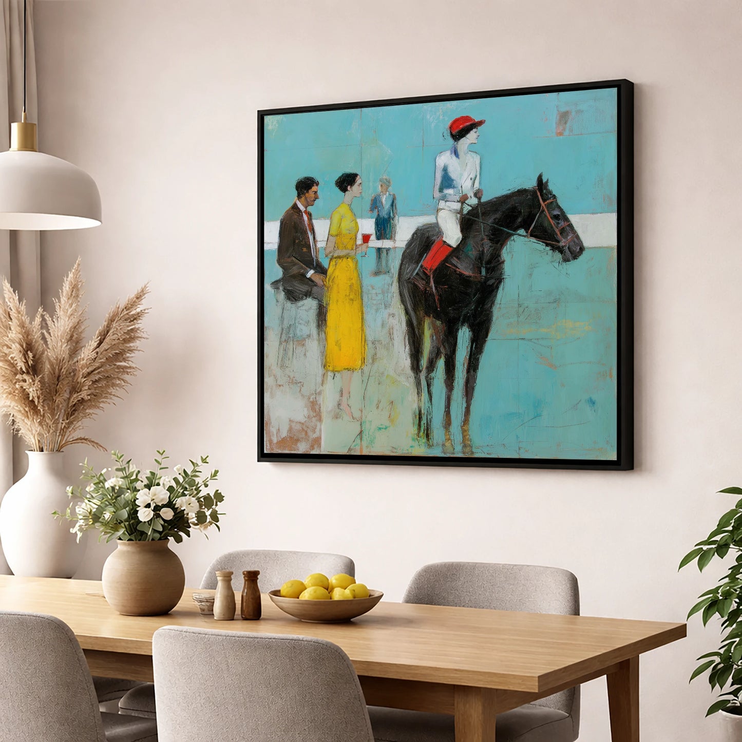 The Parade Ring racing horse wall art displayed in a dining room
