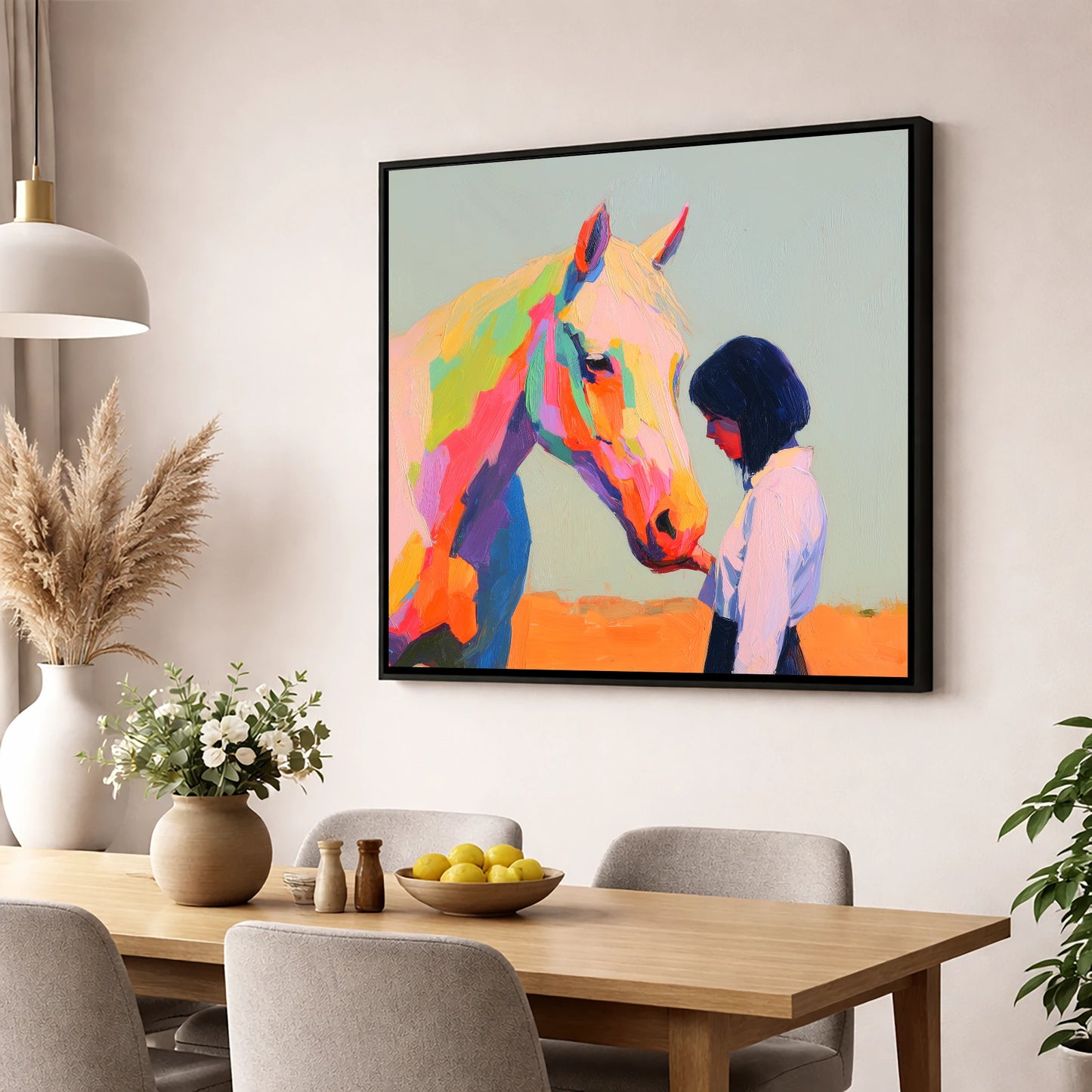 Vivid Connection horse & rider wall art displayed in a dining room
