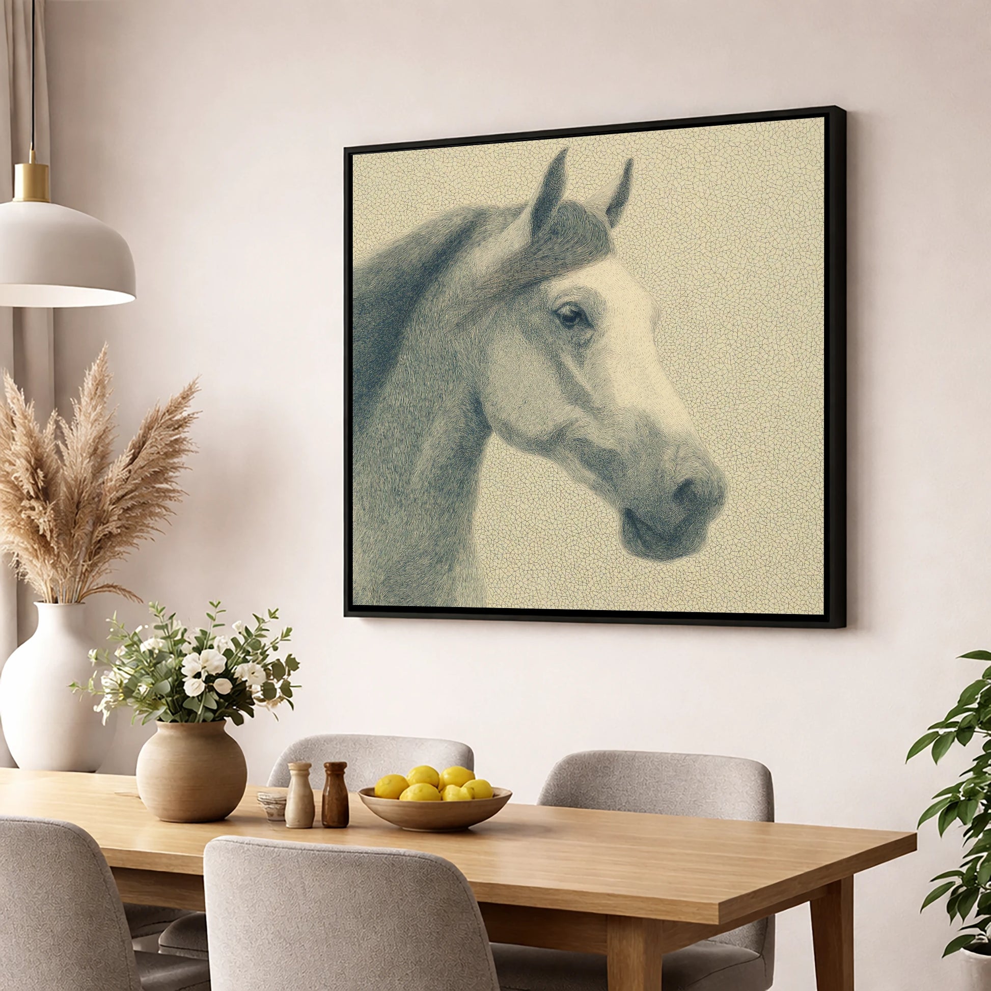 Noble Engraved Profile horse breed wall art displayed in a dining room