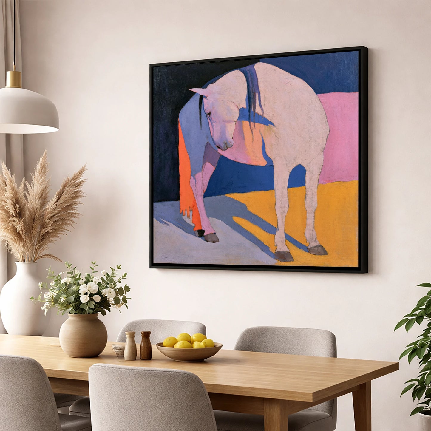 Vibrant Colour Block White Horse horse breed wall art displayed in a dining room