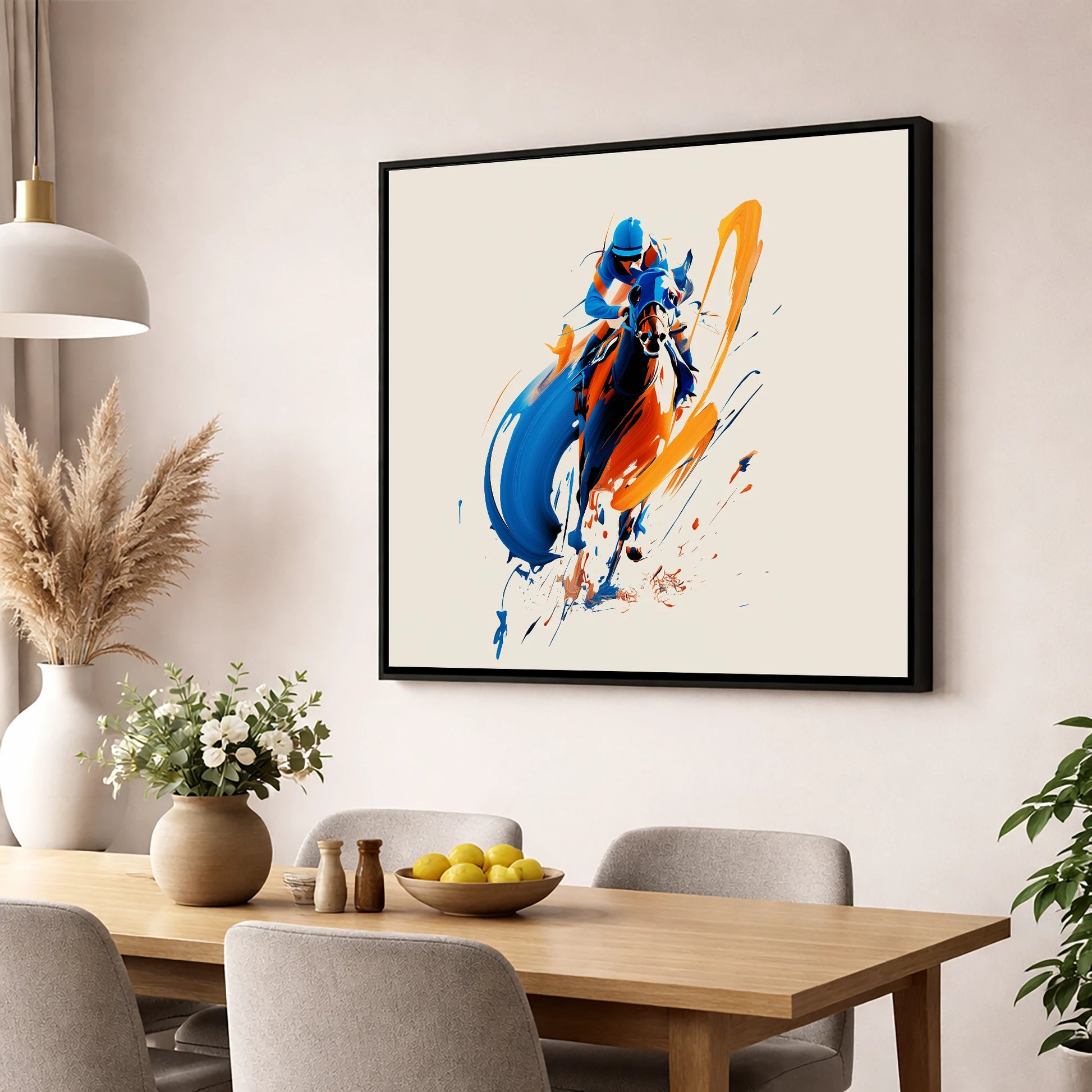 Dynamic Racing Strides racing horse wall art displayed in a dining room