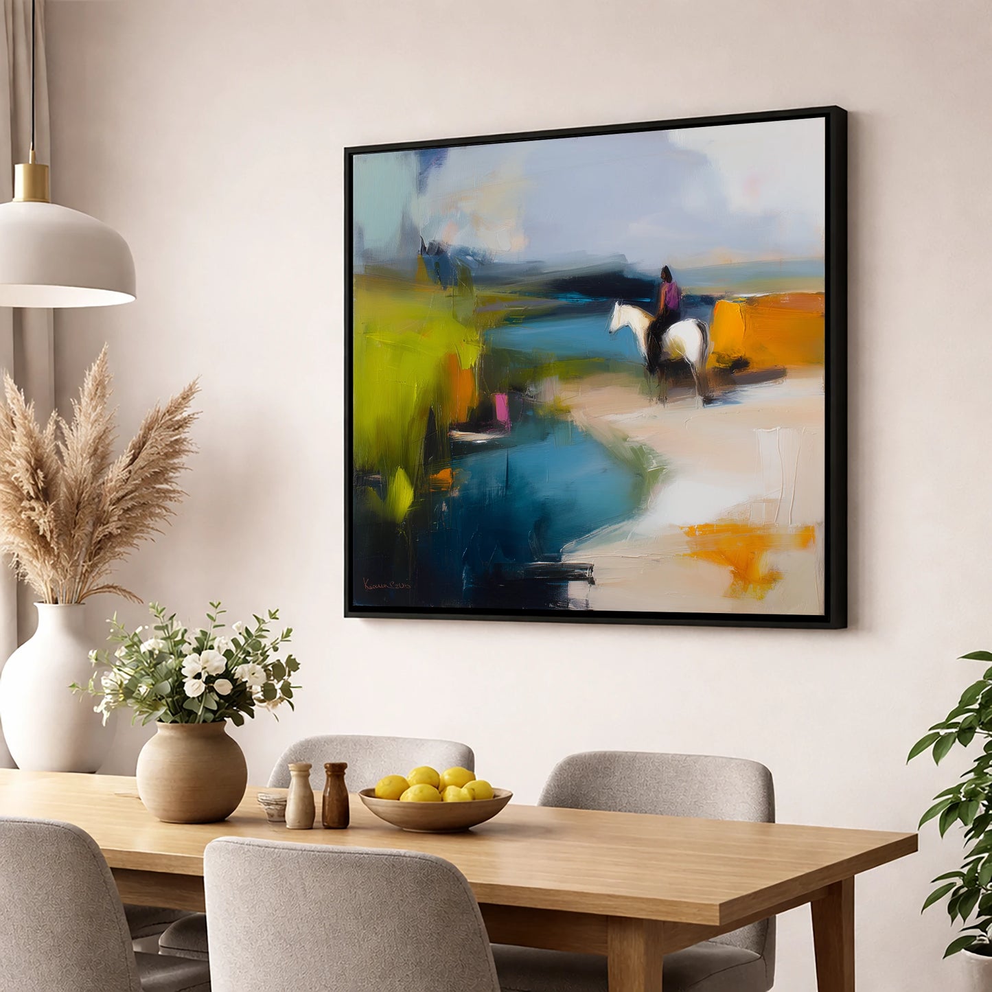 Vibrant Shoreline Hack beach horse wall art displayed in a dining room