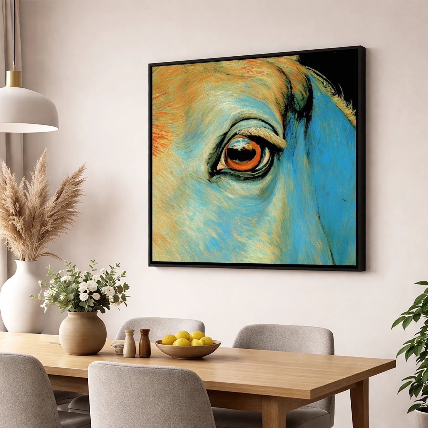 The Azure Gaze horse portrait wall art displayed in a dining room