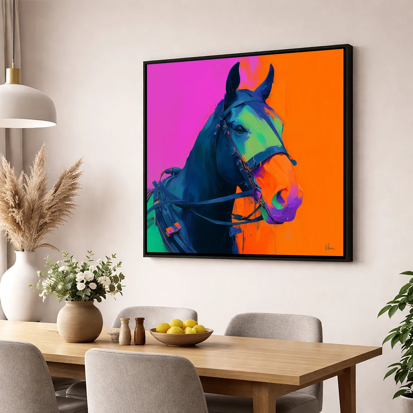 The Electric Workhorse working horse wall art displayed in a dining room