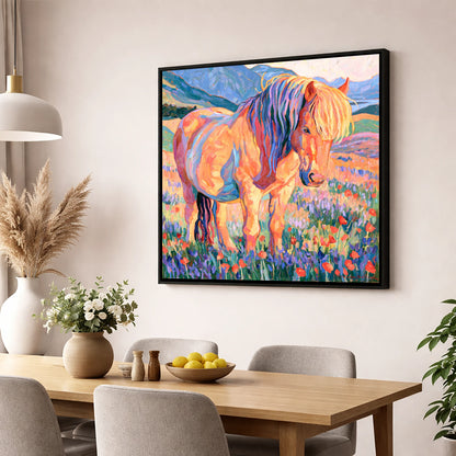 Colourful Horse in Wildflower Meadow horse breed wall art displayed in a dining room
