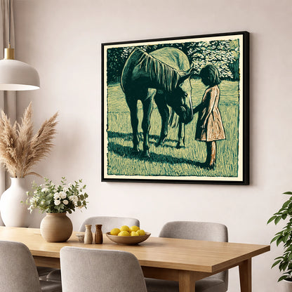 First Greetings horse & rider wall art displayed in a dining room