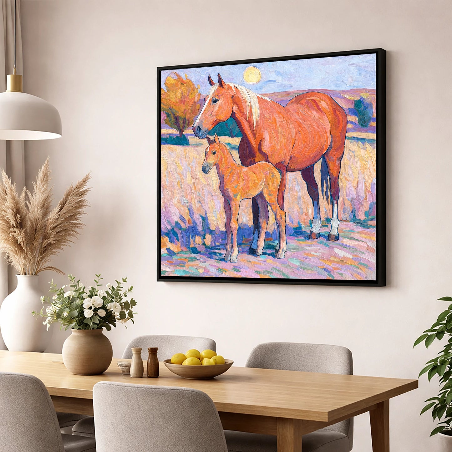 Radiant Chestnut Bond mare & foal wall art displayed in a dining room