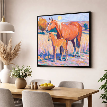 Radiant Chestnut Bond mare & foal wall art displayed in a dining room