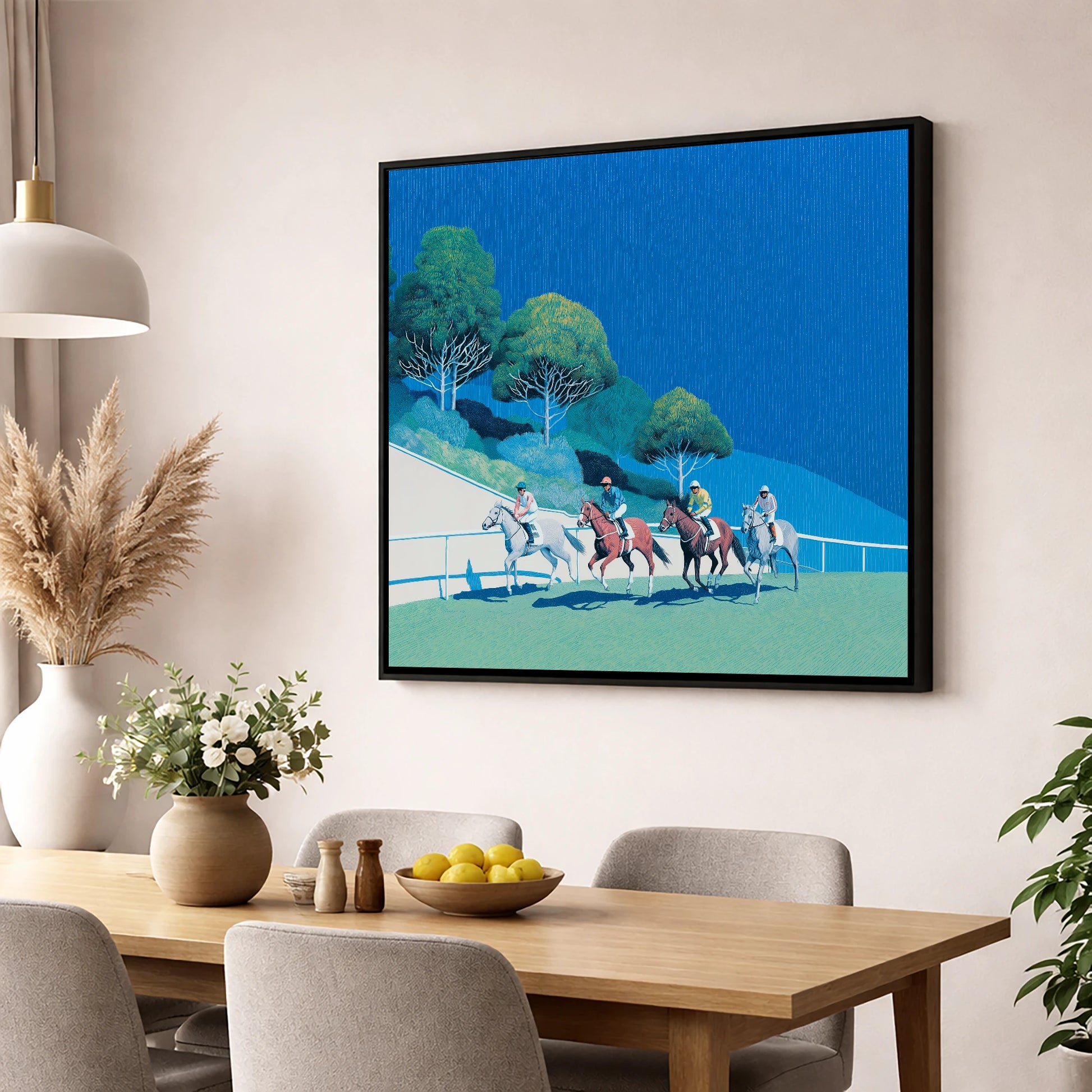 The Cerulean Sprint racing horse wall art displayed in a dining room
