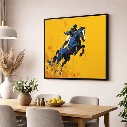 Airborne in Navy show jumping horse wall art displayed in a dining room