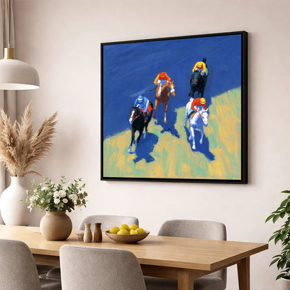 Turf Shadows racing horse wall art displayed in a dining room