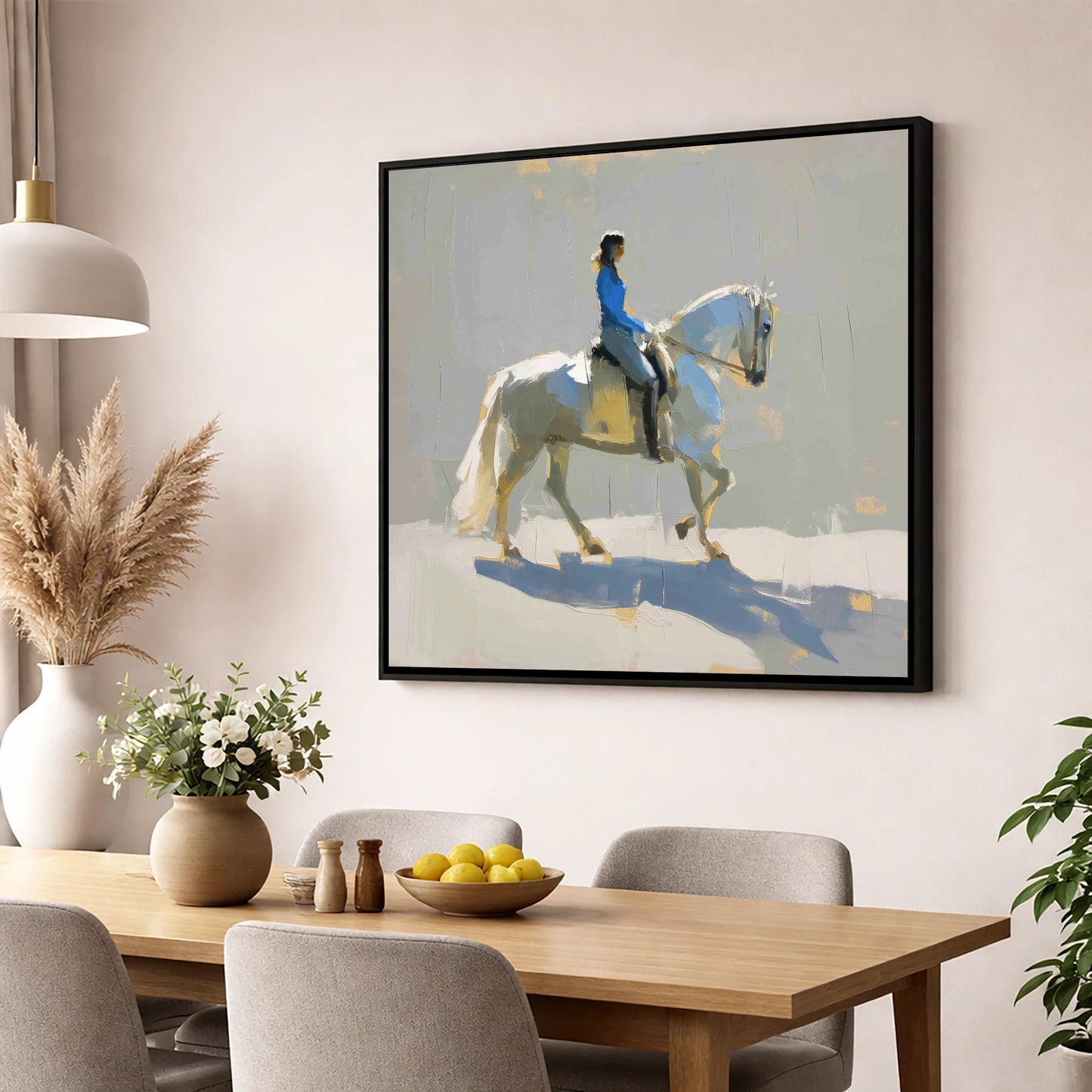 Collected in Blue dressage horse wall art displayed in a dining room