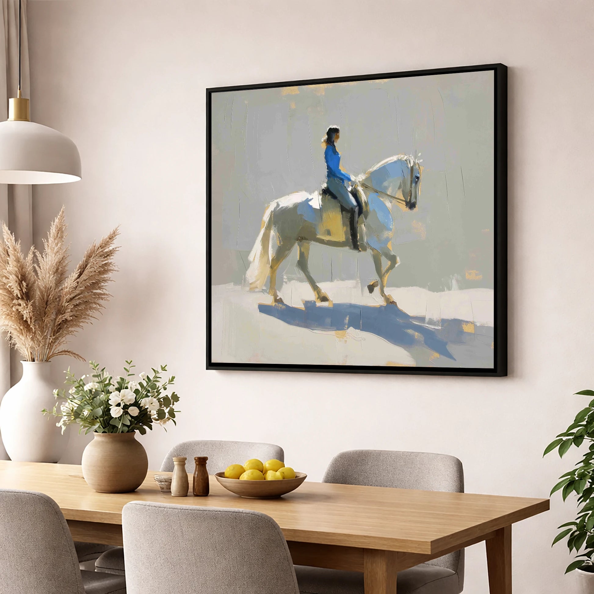 Collected in Blue dressage horse wall art displayed in a dining room