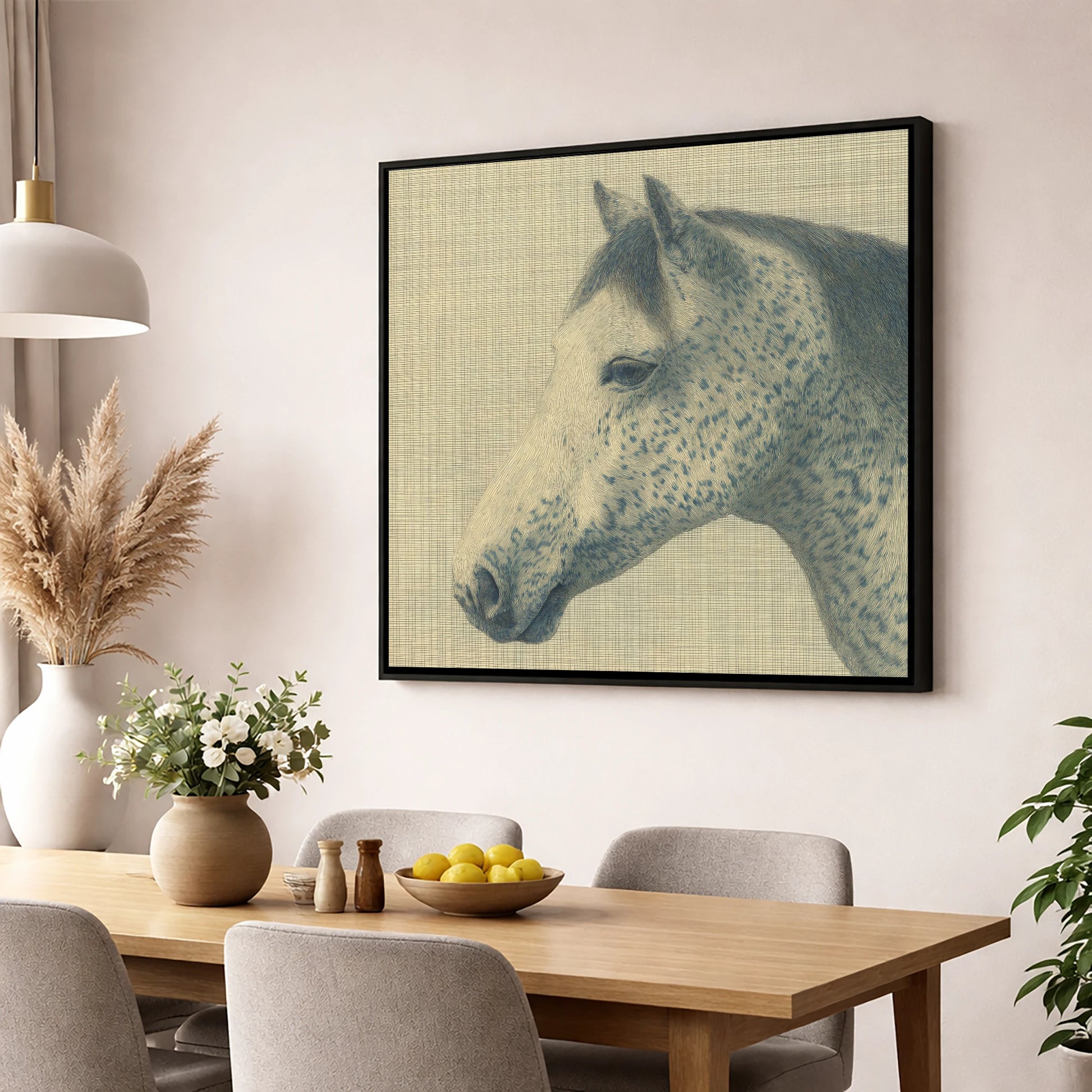 Meticulous Speckled Grey horse breed wall art displayed in a dining room