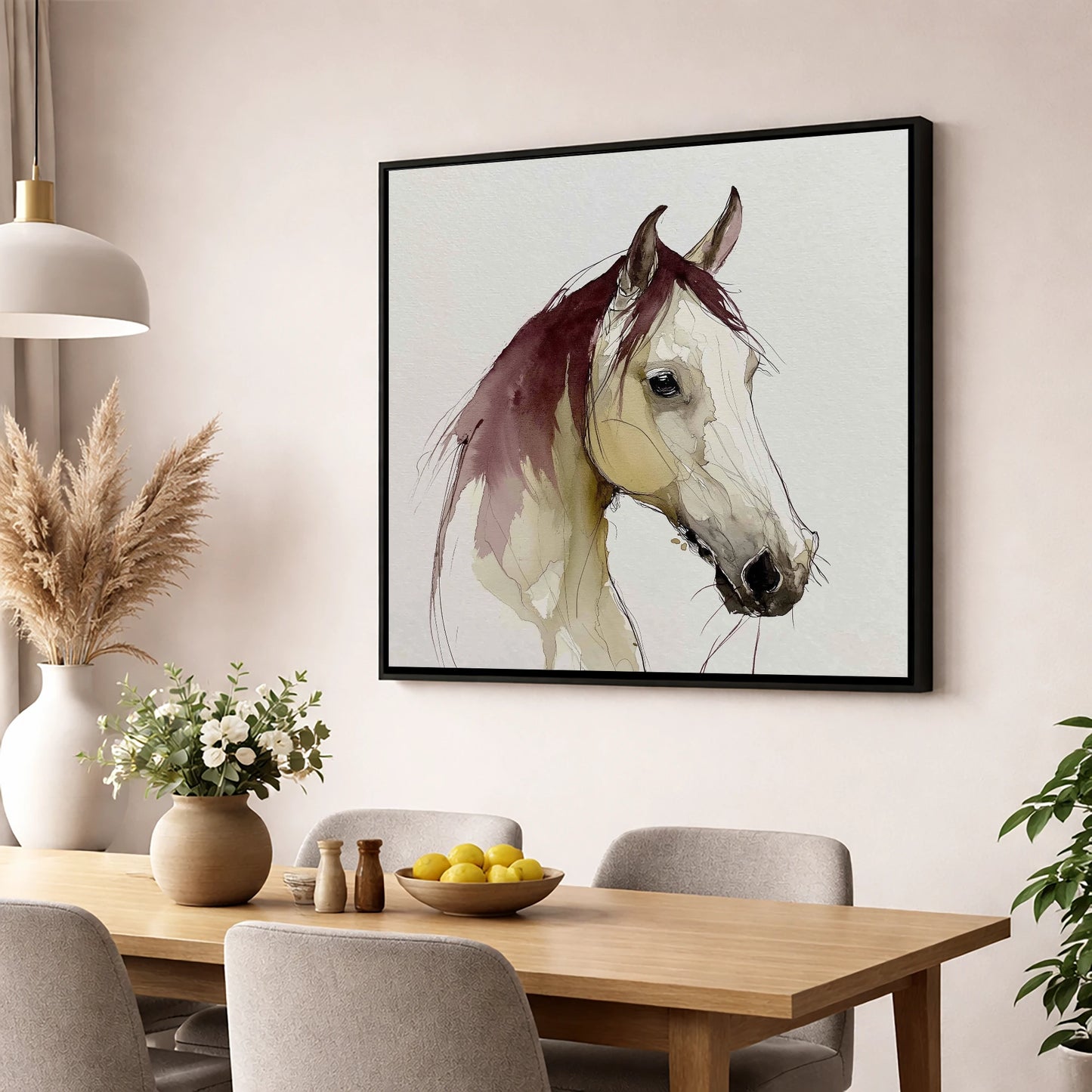 Elegant Plum Wash Portrait horse portrait wall art displayed in a dining room