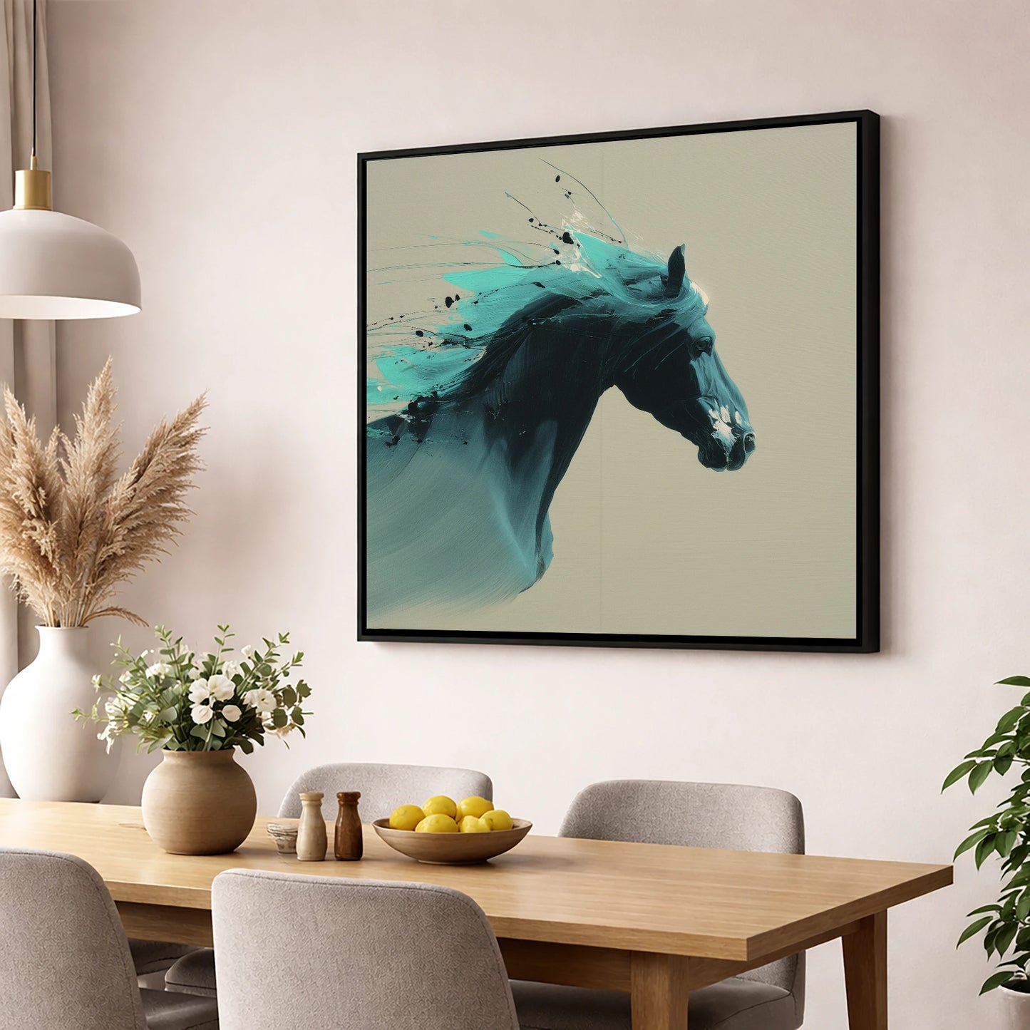 Teal Tempest horse breed wall art displayed in a dining room
