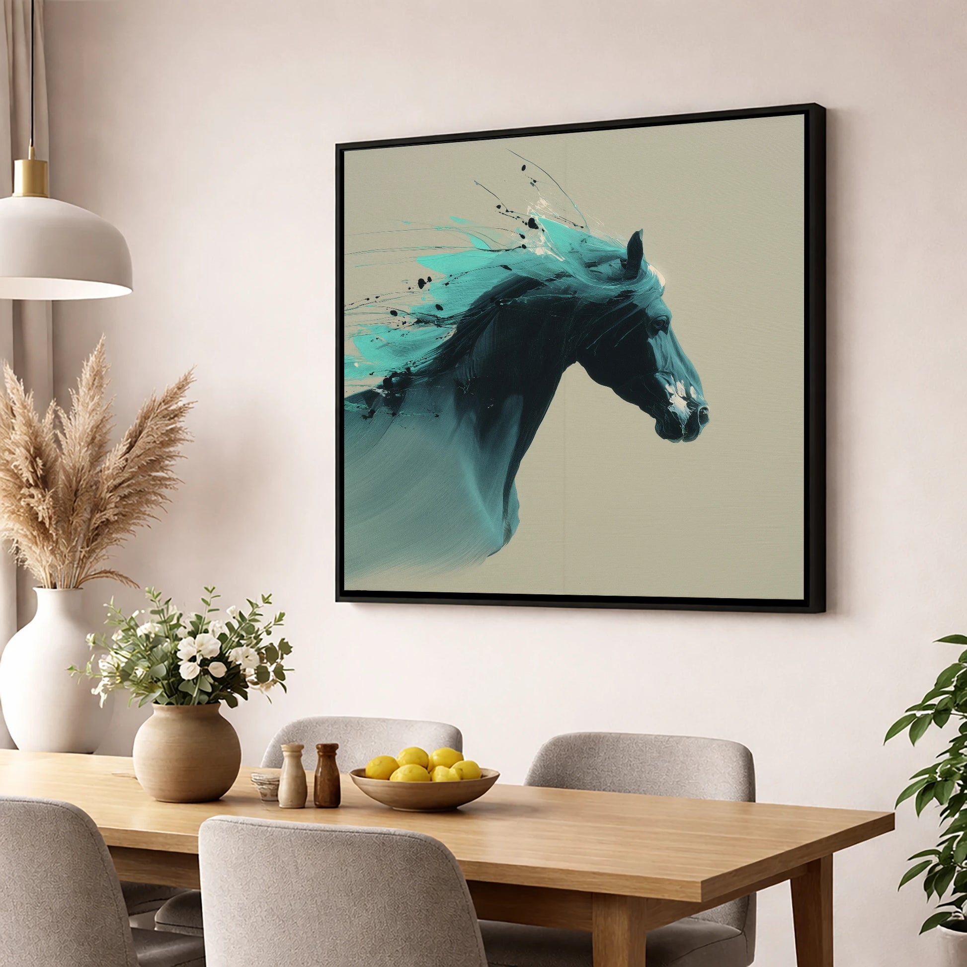 Teal Tempest horse breed wall art displayed in a dining room