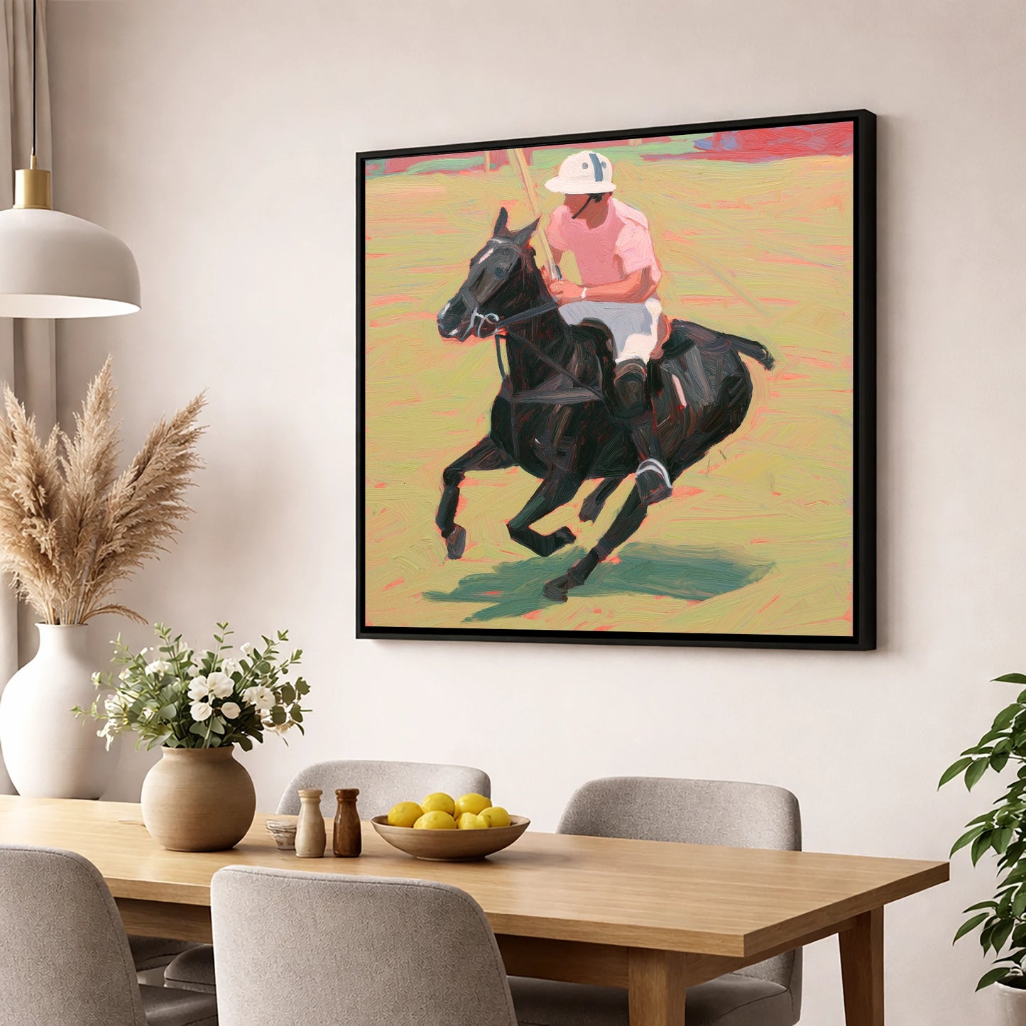 The Pink Chukka polo horse wall art displayed in a dining room
