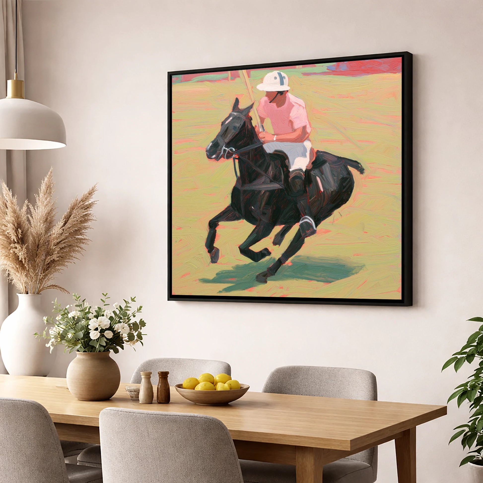 The Pink Chukka polo horse wall art displayed in a dining room