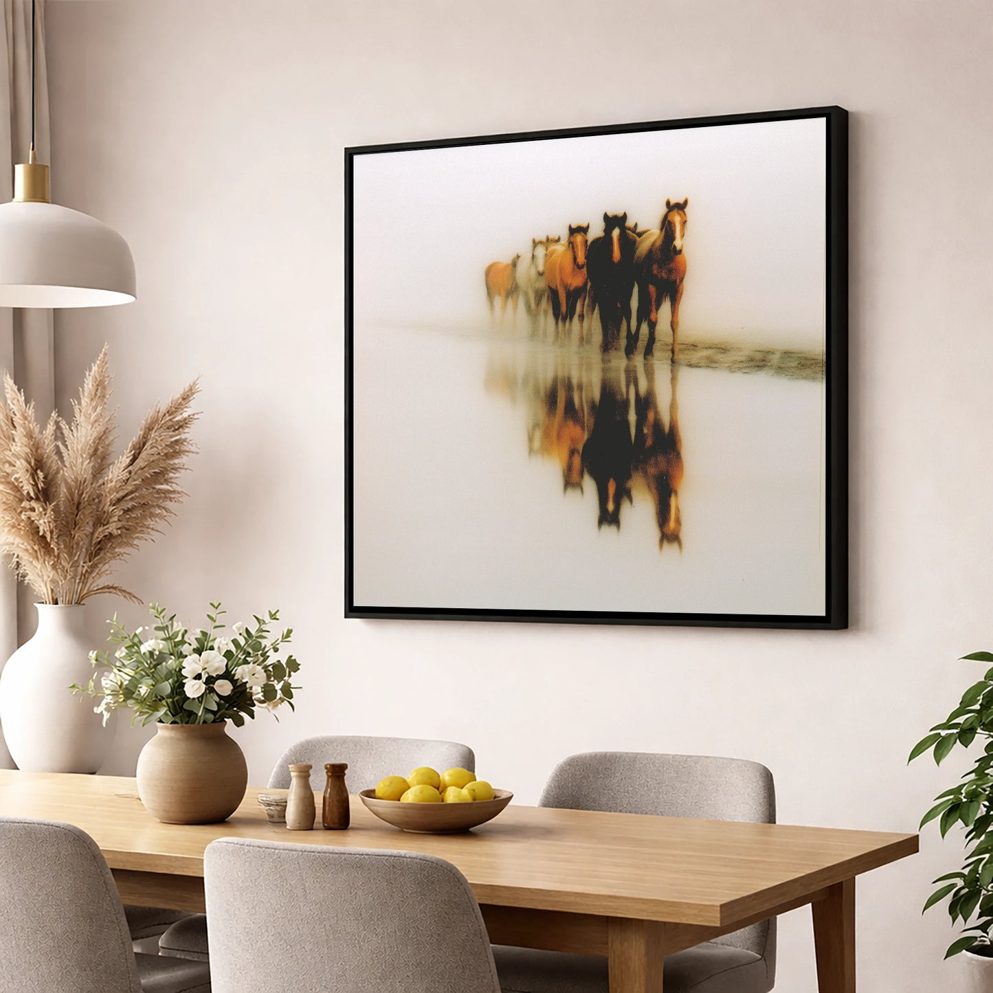 Emerging From The Mist wild horses wall art displayed in a dining room