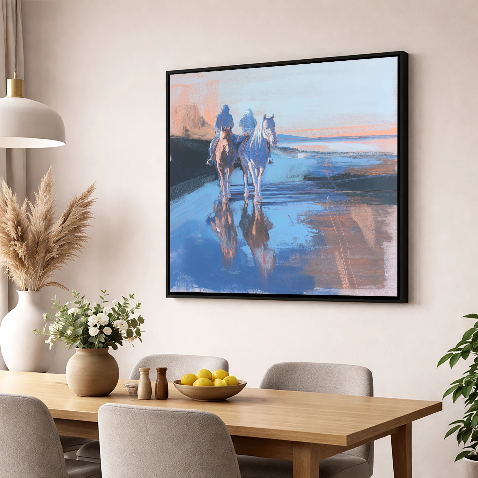 Shoreline Companions horse landscape wall art displayed in a dining room