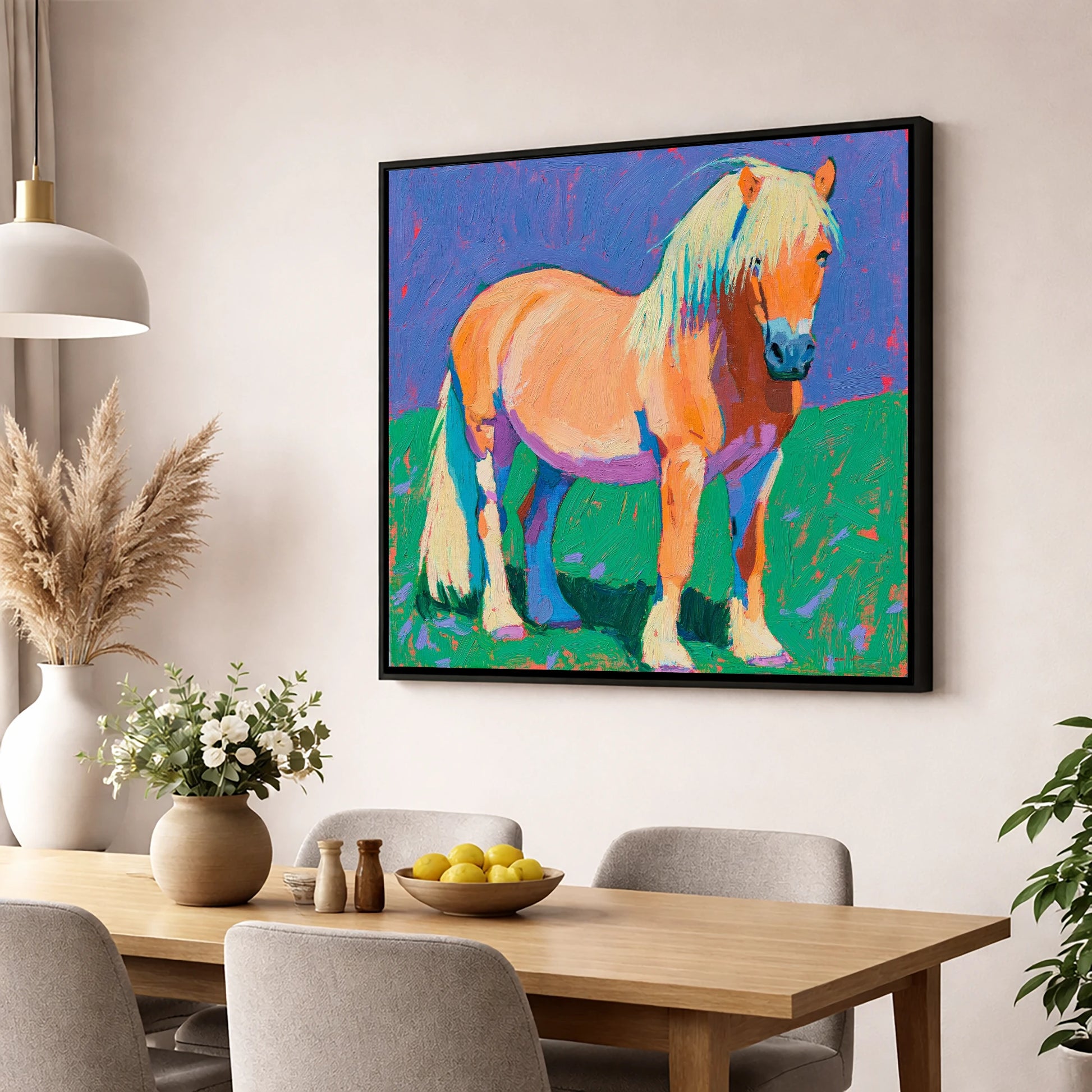 Vibrant Chestnut Pony Portrait horse breed wall art displayed in a dining room