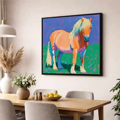 Vibrant Chestnut Pony Portrait horse breed wall art displayed in a dining room