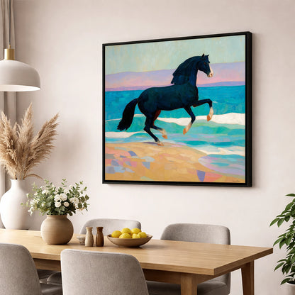 Azure Coastal Rhythm horse landscape wall art displayed in a dining room