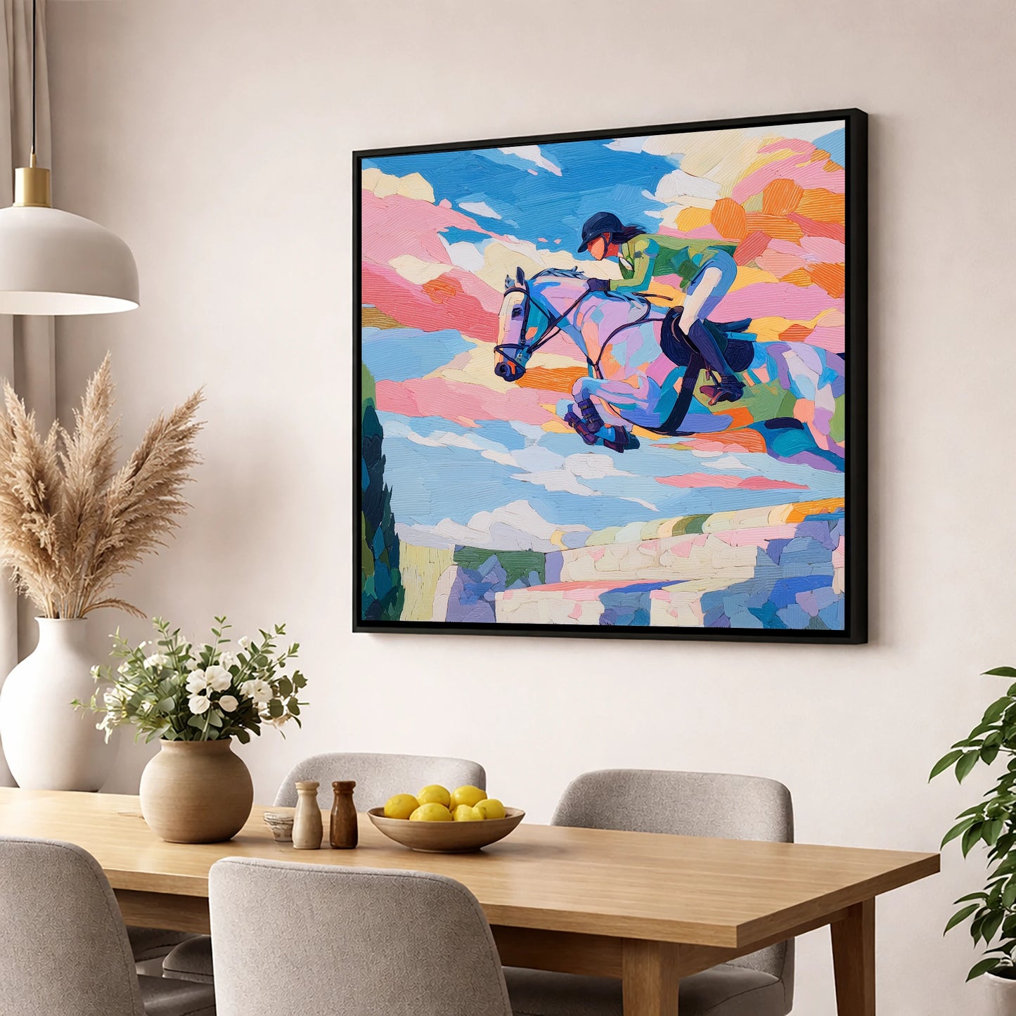 Technicolour Flight show jumping horse wall art displayed in a dining room