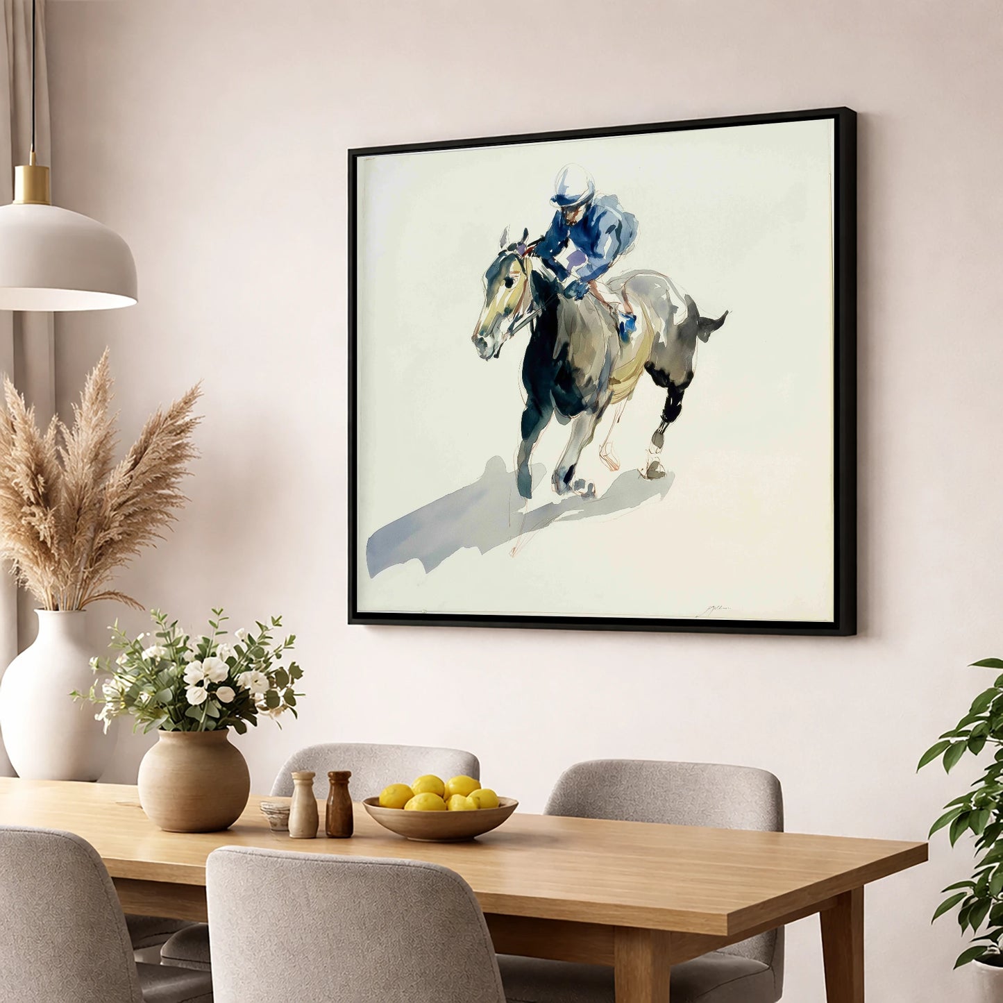 Mid-Stride in Indigo racing horse wall art displayed in a dining room