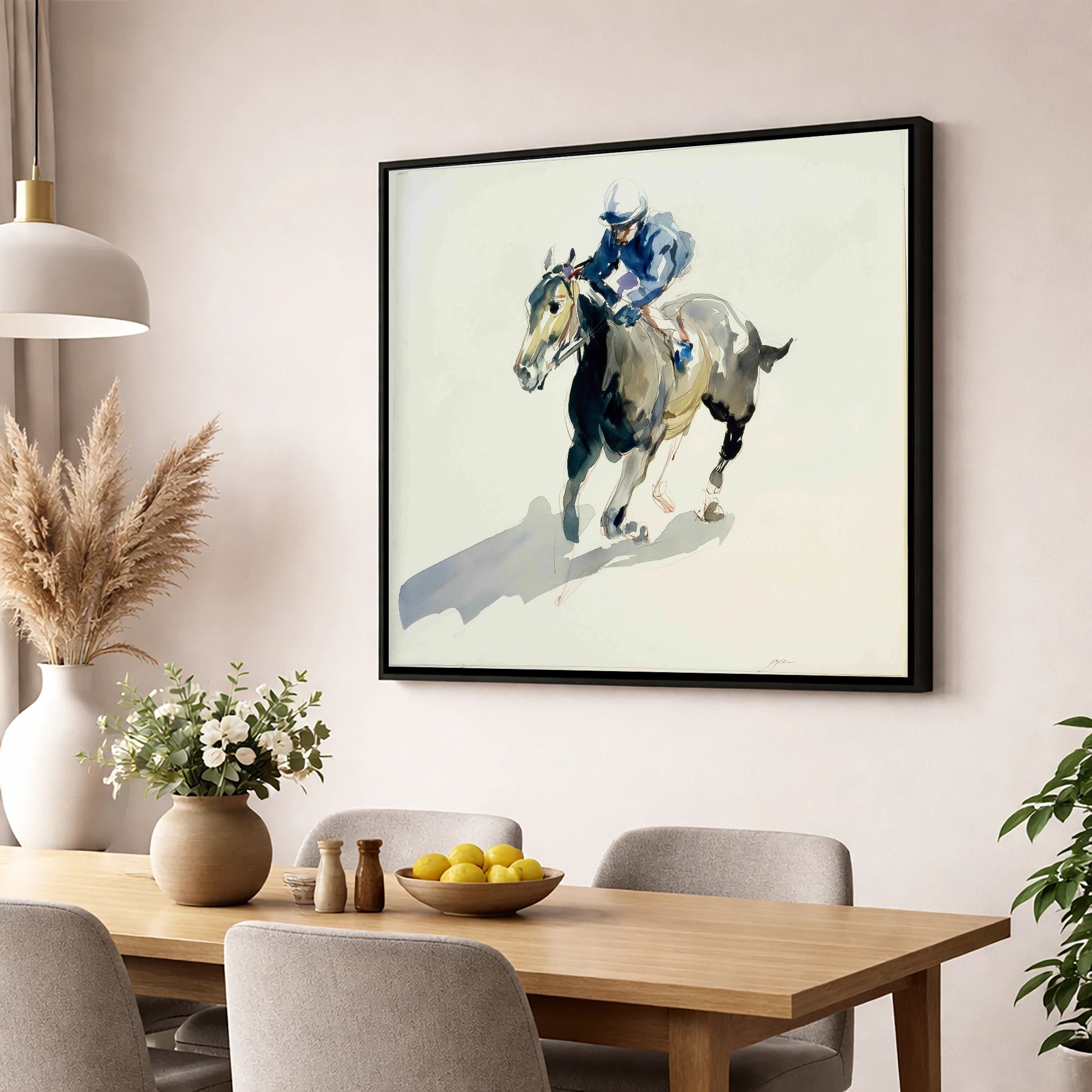 Mid-Stride in Indigo racing horse wall art displayed in a dining room
