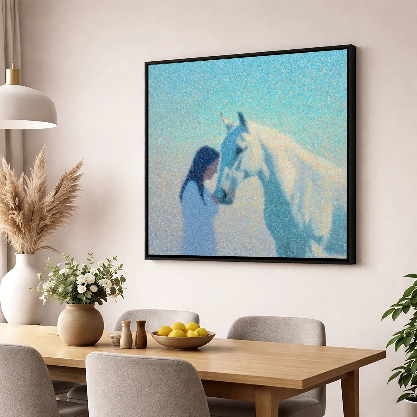 Luminous Connection horse & rider wall art displayed in a dining room