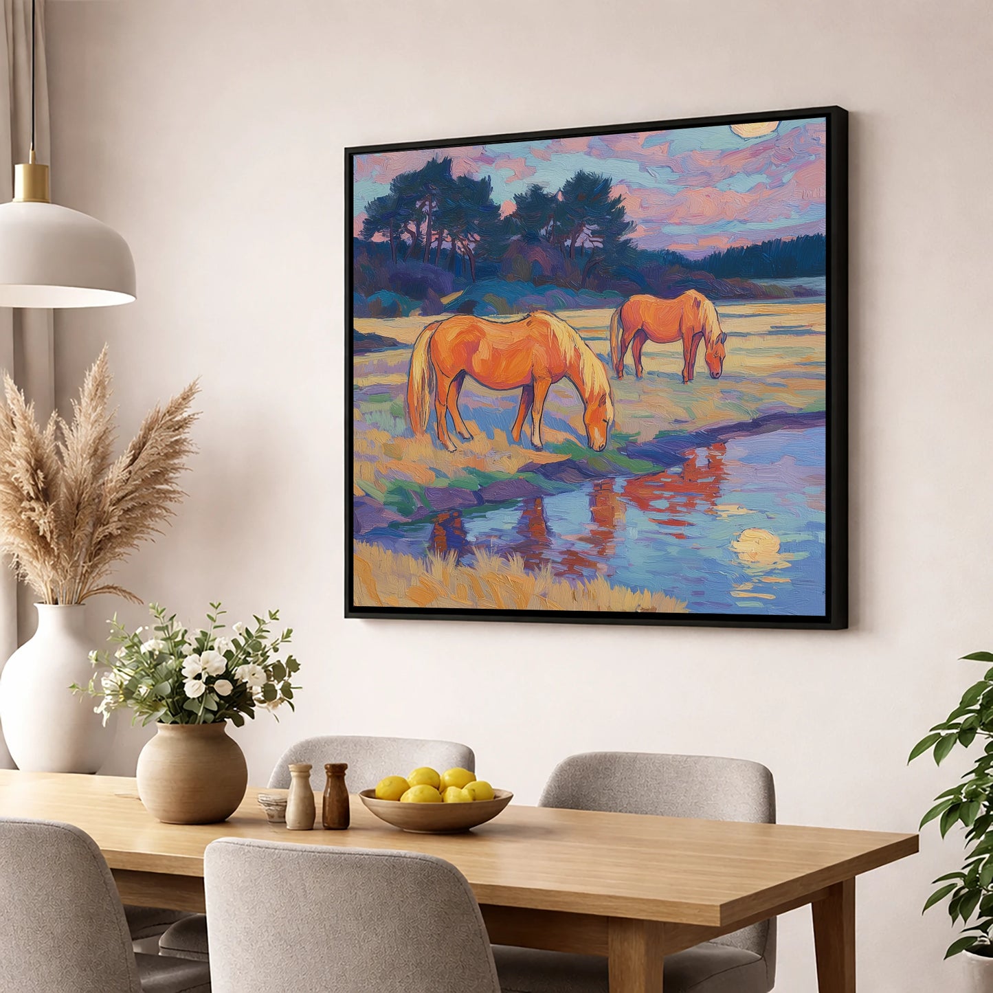 Evening Pasture Reflections horse landscape wall art displayed in a dining room