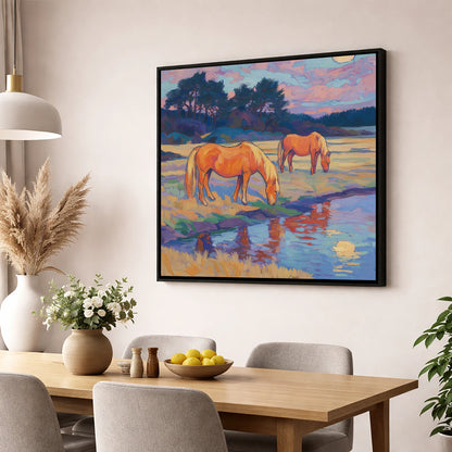 Evening Pasture Reflections horse landscape wall art displayed in a dining room