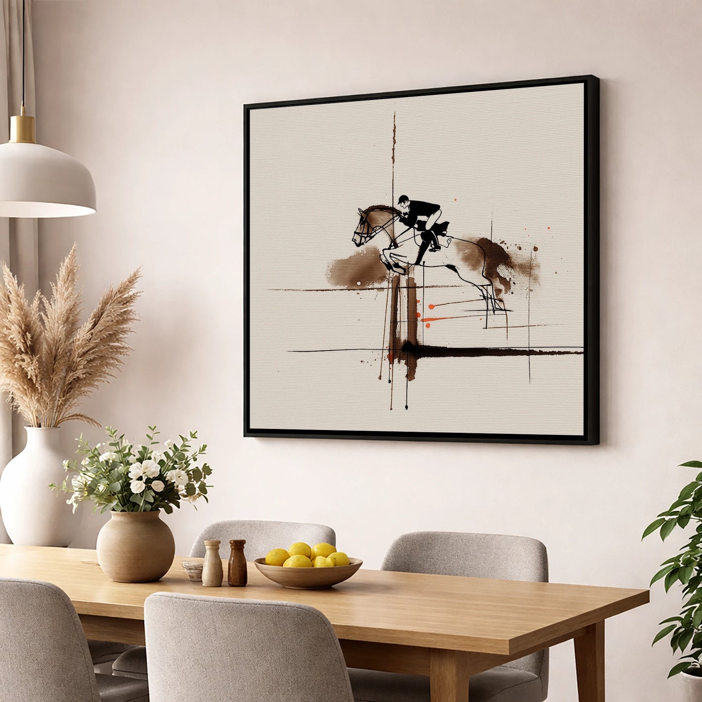 Clearing the Vertical show jumping horse wall art displayed in a dining room