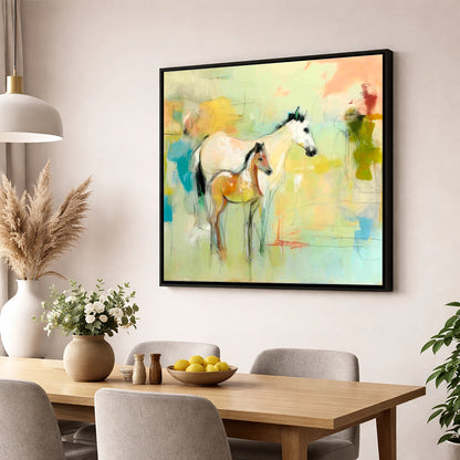 Ethereal Mare and Foal mare & foal wall art displayed in a dining room