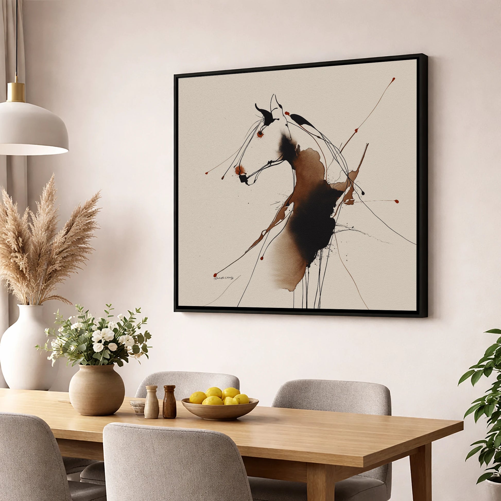 Fluid Equine Silhouette horse portrait wall art displayed in a dining room