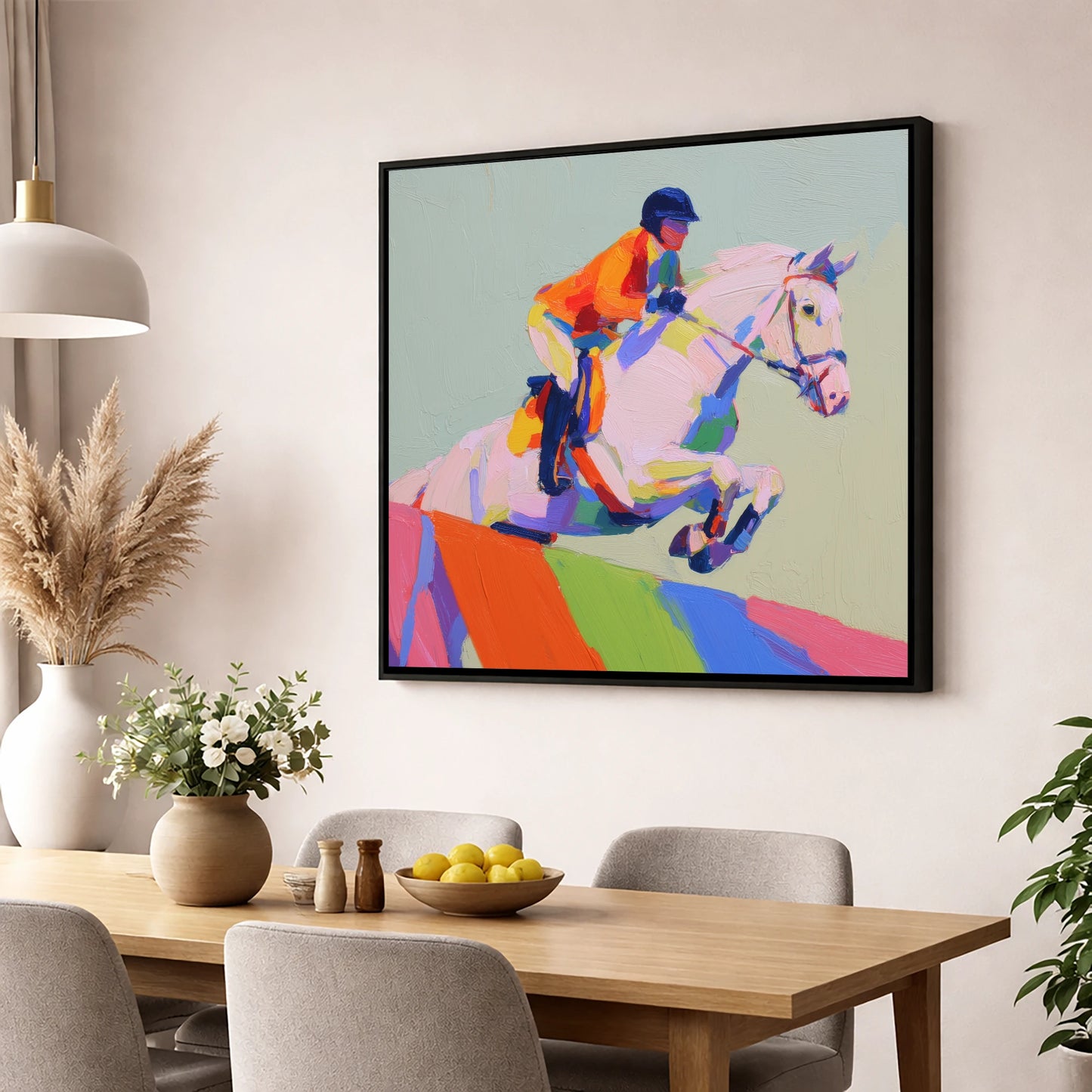 Vibrant Ascent show jumping horse wall art displayed in a dining room